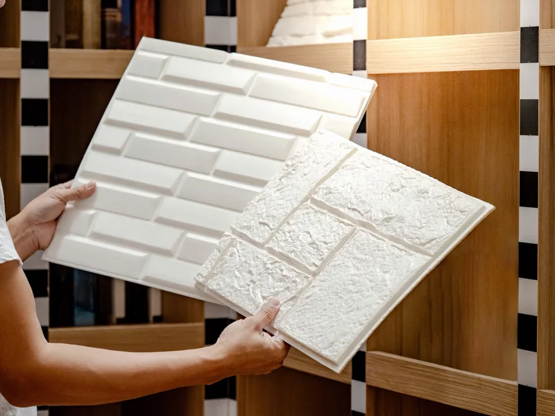 Designer holding lightweight dimensional stone panel samples
